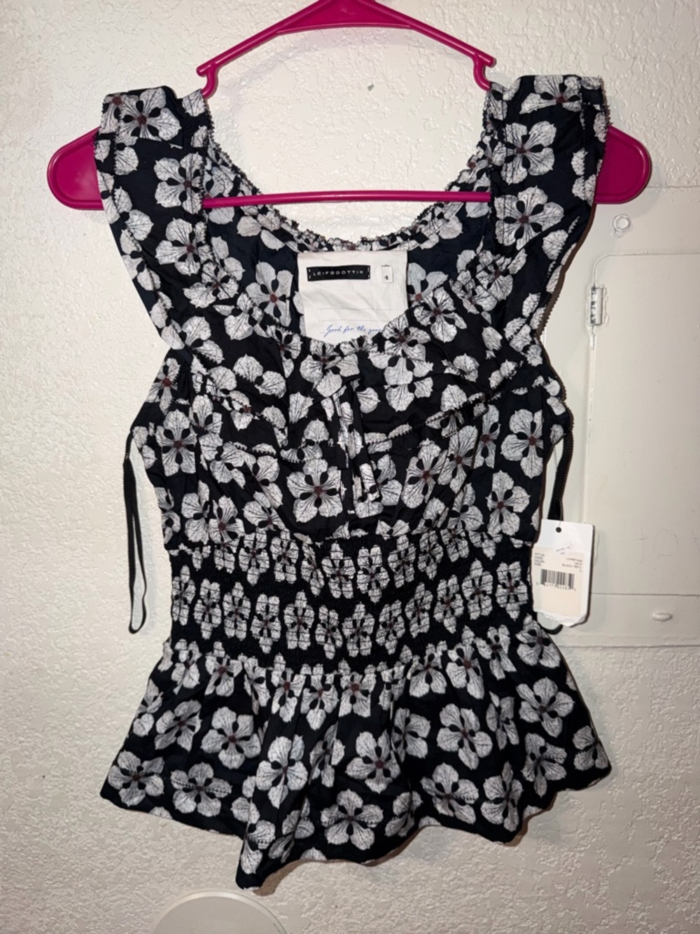 leifsdottir Black and White Floral Smocked Peplum Camisole